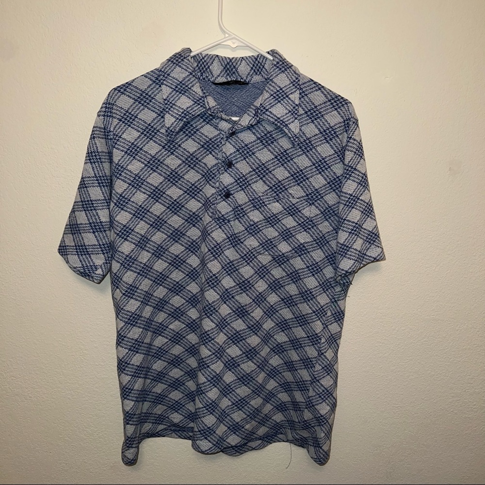Mens large sky blue and white casual polo shirt with crazy design